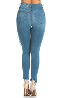 High Waisted Ankle Cut Out Distressed Skinny Jeans in Blue - SohoGirl.com