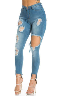 High Waisted Ankle Cut Out Distressed Skinny Jeans in Blue - SohoGirl.com