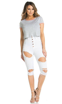 Five Button Distressed High Waisted Stretchy Bermuda Shorts in White - SohoGirl.com