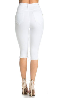 Five Button Distressed High Waisted Stretchy Bermuda Shorts in White - SohoGirl.com