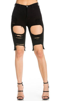 High Waisted Shredded Cut Off Bermuda Shorts in Jet Black - SohoGirl.com