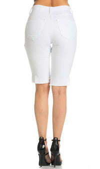 High Waisted Shredded Cut Off Bermuda Shorts in White - SohoGirl.com