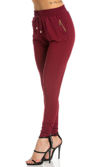 Burgundy Microfiber Zipper Joggers - SohoGirl.com