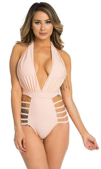 Deep V Draped Halter Open Back Strappy One Piece Swimsuit in Blush - SohoGirl.com