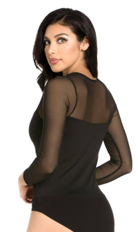 Plus Size Mesh Insert Long Sleeve Bodysuit in Black - SohoGirl.com