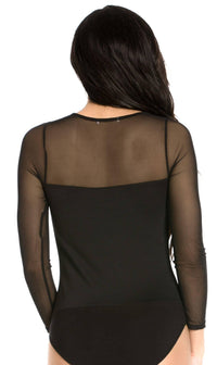 Plus Size Mesh Insert Long Sleeve Bodysuit in Black - SohoGirl.com