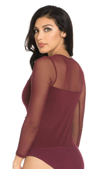 Mesh Insert Long Sleeve Bodysuit in Burgundy (Plus Sizes Available) - SohoGirl.com