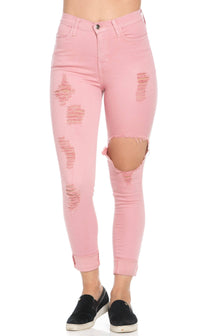 High Waisted Distressed Skinny Jeans in Dust Pink - SohoGirl.com