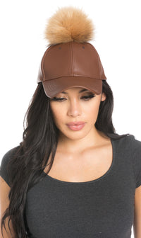 Faux Leather Pom Pom Cap in Brown and Nutmeg - SohoGirl.com