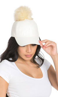 Faux Leather Pom Pom Cap in White - SohoGirl.com