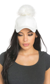 Faux Leather Pom Pom Cap in White and White - SohoGirl.com