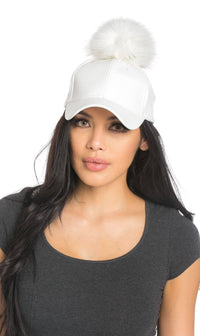 Faux Leather Pom Pom Cap in White and White - SohoGirl.com