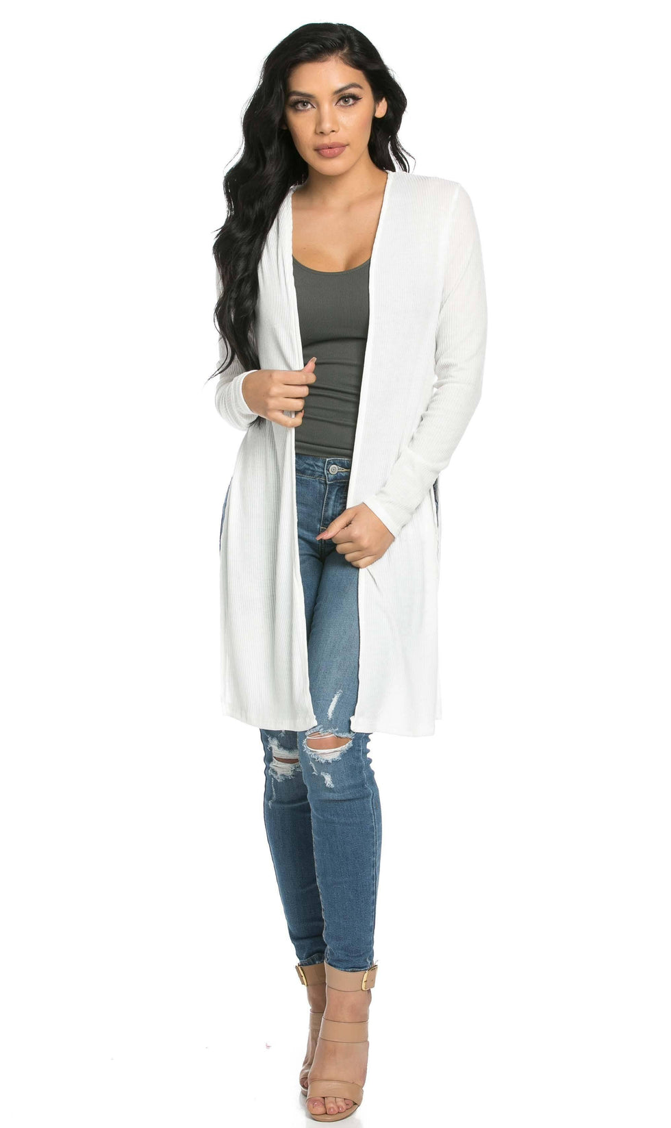 Long Ribbed Side Slit Cardigan in White (S-3XL) – SohoGirl.com