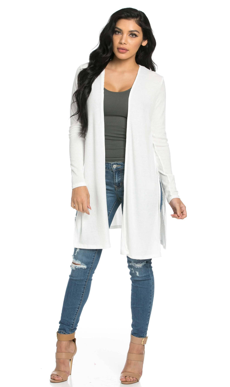 Long Ribbed Side Slit Cardigan in White (S-3XL) – SohoGirl.com