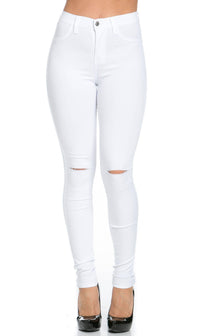 High Waisted Knee Slit Skinny Jeans in White (Plus Sizes Available) - SohoGirl.com