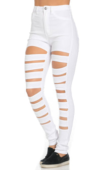 High Waisted Stretchy Cut Out Skinny Jeans in White - SohoGirl.com