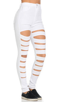 High Waisted Stretchy Cut Out Skinny Jeans in White - SohoGirl.com