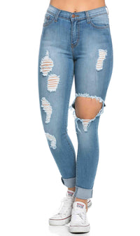 High Waisted Distressed Skinny Jeans ( Plus Size Available ) - Denim Blue - SohoGirl.com