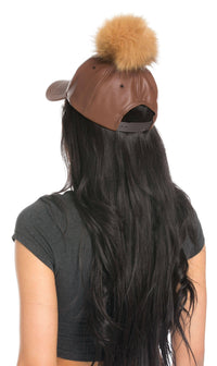 Faux Leather Pom Pom Cap in Brown and Nutmeg - SohoGirl.com