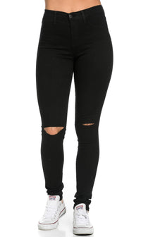 High Waisted Knee Slit Skinny Jeans in Black - SohoGirl.com