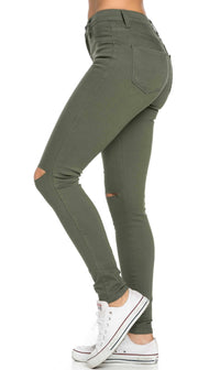 High Waisted Knee Slit Skinny Jeans in Olive (1-3XL) - SohoGirl.com