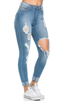 High Waisted Distressed Skinny Jeans ( Plus Size Available ) - Denim Blue - SohoGirl.com