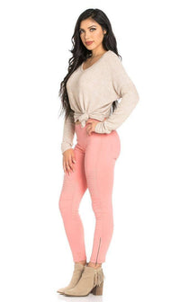 Ribbed Biker Ankle Zipped Jeggings in Coral - SohoGirl.com