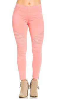 Ribbed Biker Ankle Zipped Jeggings in Coral - SohoGirl.com