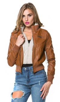 Plus Size Sweater Insert Leather Bomber Jacket in Tan - SohoGirl.com