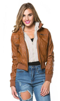 Plus Size Sweater Insert Leather Bomber Jacket in Tan - SohoGirl.com