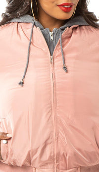 Plus Size Sweater Insert Satin Bomber Jacket - Dusty Pink - SohoGirl.com