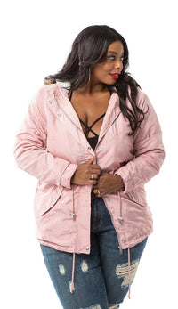 Plus Size Satin Fur Lined Hooded Parka Coat - Blush - SohoGirl.com