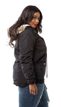 Plus Size Satin Fur Lined Hooded Parka Coat - Black - SohoGirl.com