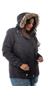 Plus Size Satin Fur Lined Hooded Parka Coat - Black - SohoGirl.com