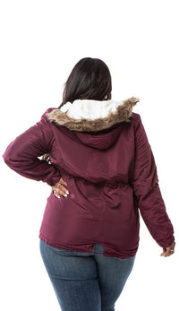 Plus Size Satin Fur Lined Hooded Parka Coat - Burgundy - SohoGirl.com
