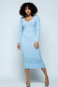 Maxi Ribbed Long Sleeve Sweater Dress - Baby Blue - SohoGirl.com