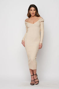 Maxi Ribbed Long Sleeve Sweater Dress - Cream - SohoGirl.com