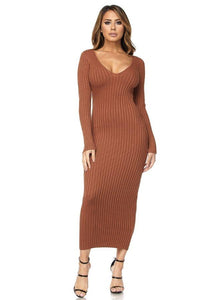 Maxi Ribbed Long Sleeve Sweater Dress - Rust - SohoGirl.com