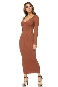 Maxi Ribbed Long Sleeve Sweater Dress - Rust - SohoGirl.com