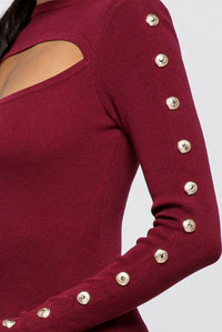 Peek A Boo Dress With Button Detail in Burgundy - SohoGirl.com