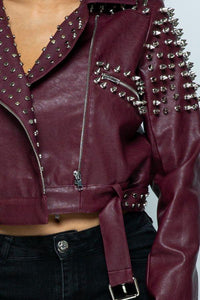 Faux Leather Moto Jacket with Stud Detail in Burgundy - SohoGirl.com