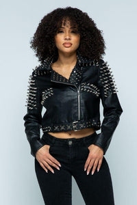 Faux Leather Moto Jacket with Stud Detail in Black - SohoGirl.com