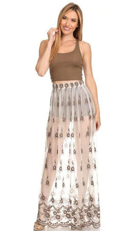 Floral Embroidered Sheer Maxi Skirt in Taupe - SohoGirl.com