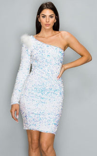 Winter White Sequin Fur Trim One Sleeve Dress - SohoGirl.com